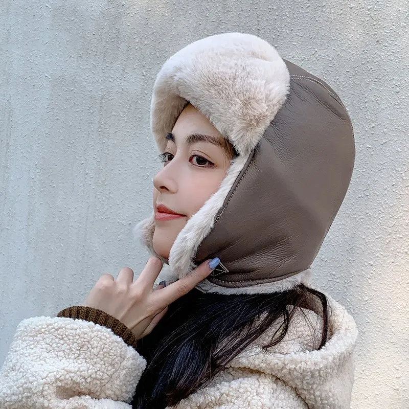 

Cold Winter Women Leather Fur Hats Caps Ear Protector Outside Riding Skiing Pilot Bomber Fur Hats