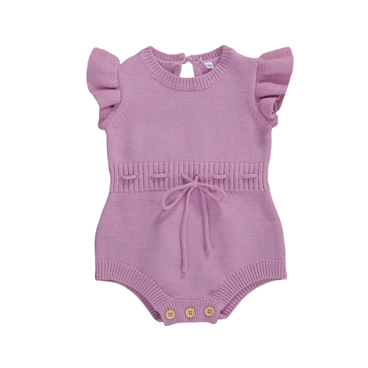

2020 Autumn Baby Girls Outfits Flying Sleeve Round Collar Rompers Toddler Sweet Solid Color Lace Up Jumpsuits 0-24M Clothing