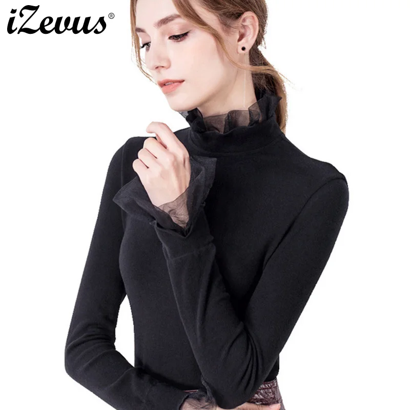 

IZEVUS Elegant Long Sleeve Ruffle T Shirt Women Patchwork Mesh Top Wild Half High Collar Tshirt Office Ladies Work Tops Clothing