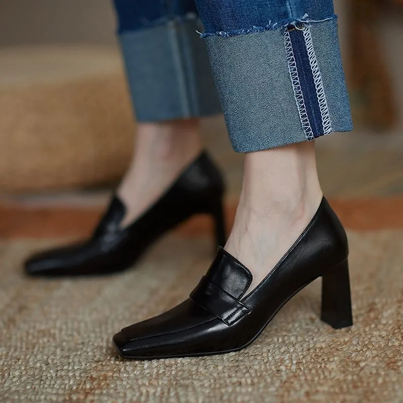 

Sexy Heels Shoes Square Toe Pumps Elegant Women Dress Shoe Retro Sewing Black Boat Shoe Zapatos Mujer