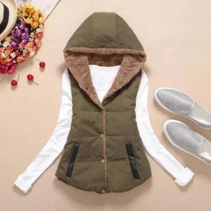 

Winter Korean Thick Warm Fleece Lining Womens Waistcoats Casual Single Breasted Sleeveless Slim Fit Female Hooded Vest Plus Size