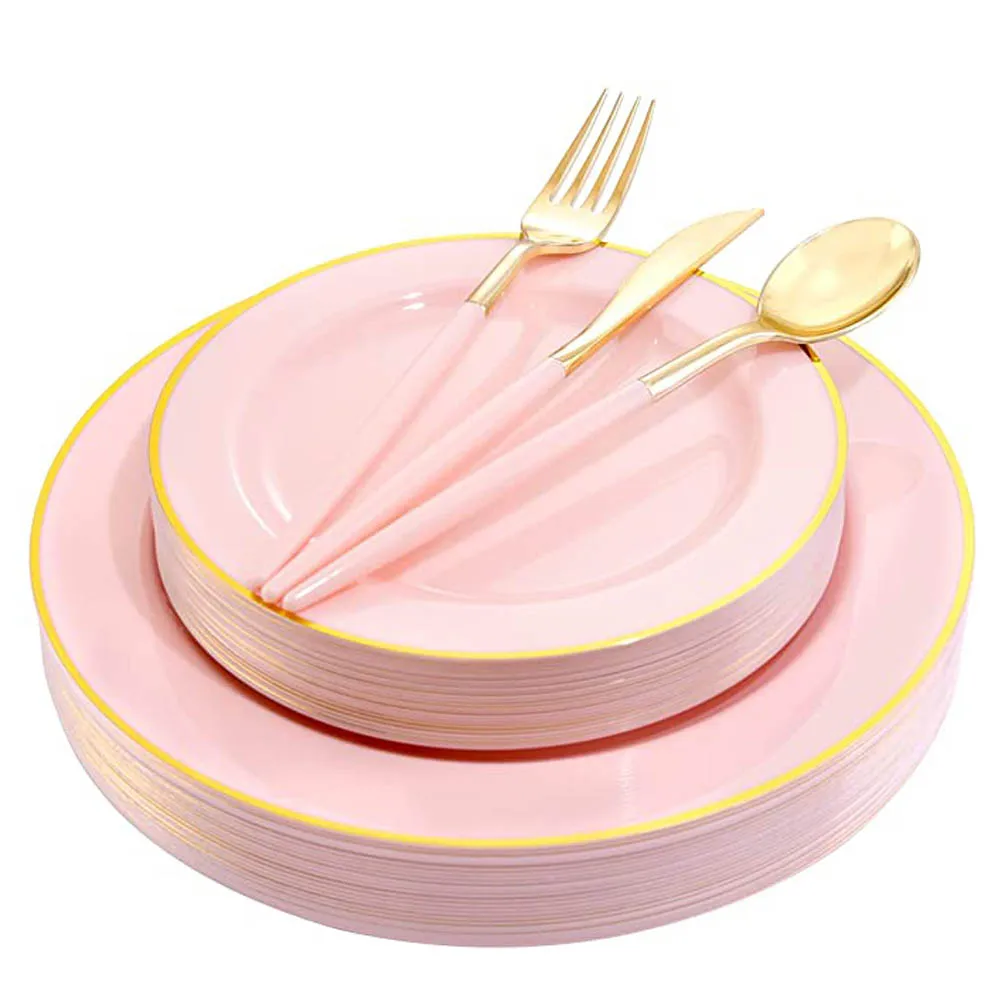 

Набор одноразовых обеденных тарелок из 50 предметов, пластиковая посуда розового и золотого цвета с золотой окантовкой, пластиковая тарелка...