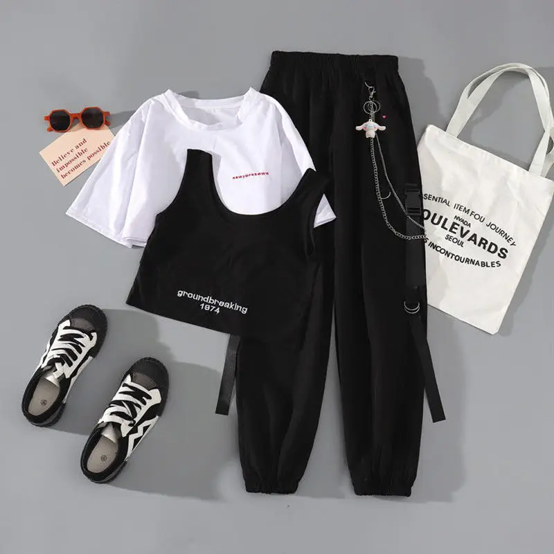 Woman Pant Overalls Set Korean Fashion Loose Hip-Hop Nine-Point Binding Foot 3-Piece Set Pantsuits Chain Traf Y2k Pants Harajuku