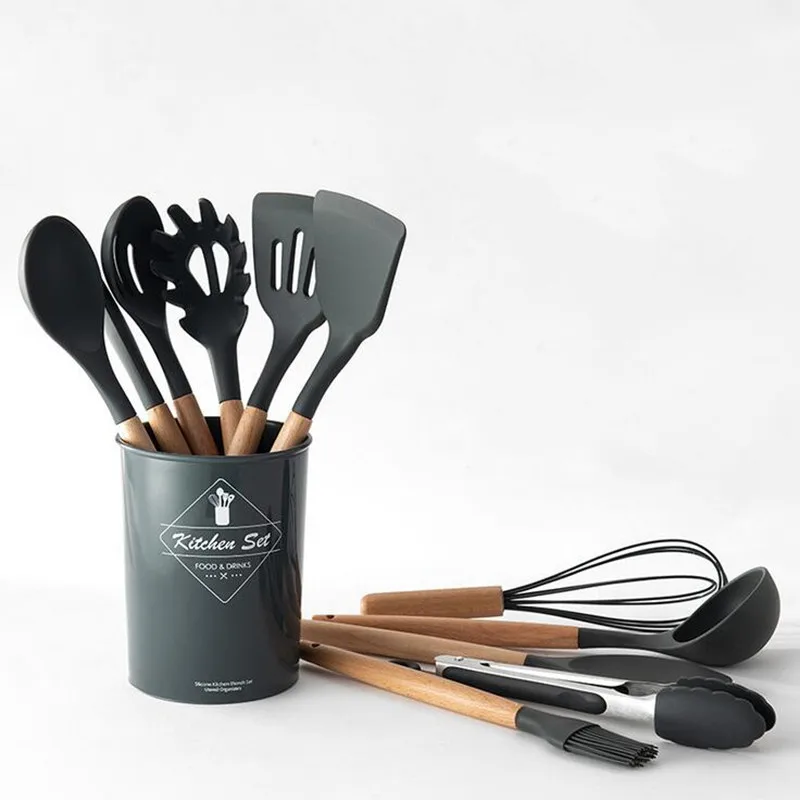 

9/12PCS Silicone Cooking Utensils Set Non-stick Spoon Colander Shovel Beater Wooden Handle Cooking Tools Kit With Storage Box