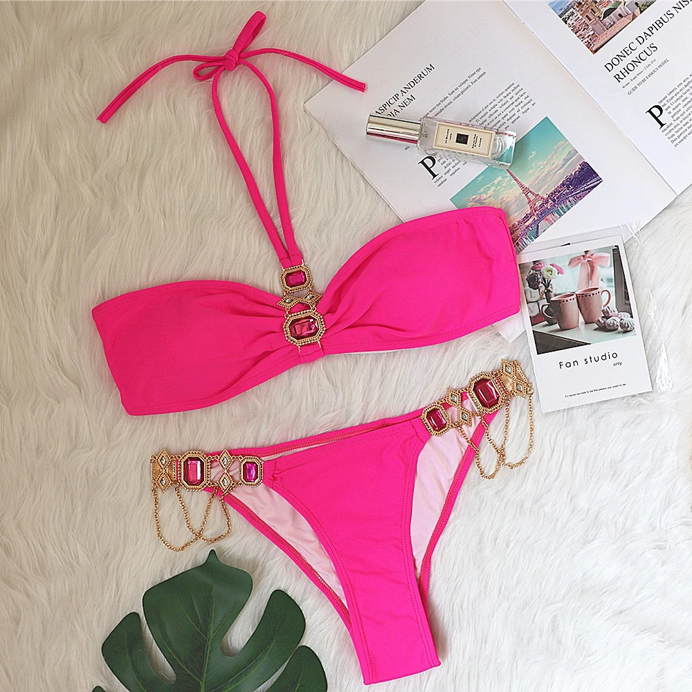 

2020 New Sexy Halter Bikini Women Crystal Diamond Swimsuit Female Bandeau Push Up Swimwear Solid Bathing Suits Summer Beach Wear