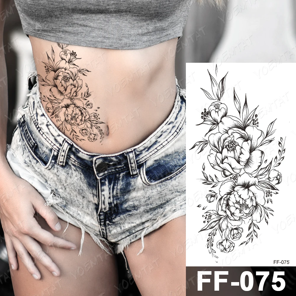

Waterproof Temporary Tattoo Sticker Peony Flower Flash Tattoo Female Black Wreath Geometry Line Body Art Arm Fake Tattoos Male