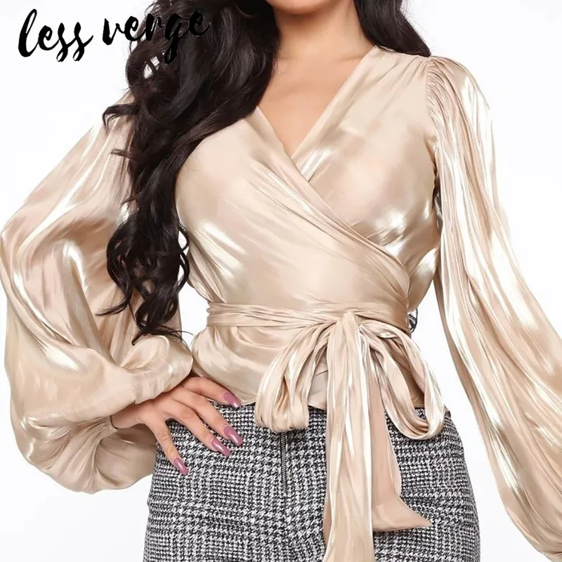 Lessverge v образный вырез сексуальная блестящая блузка рубашка женская фонарь рукав