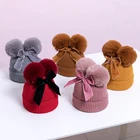 Детская шапка с двойным помпоном, с бархатным бантом, зимняя теплая вязаная шапка с уплотненным помпоном для девочек, детская Шапка-бини, шляпа-шлем