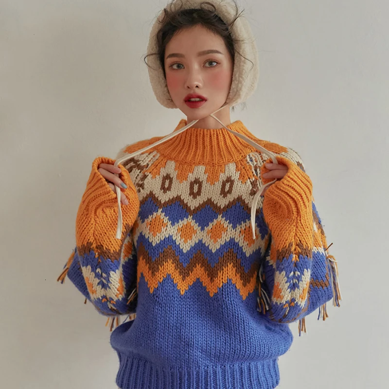 SHENGPALAE Chic Autumn Western Style Hit Color Diamond Dotted Tassels Design Pullover Round Neck Knitting Woman Sweater FT742 | Женская