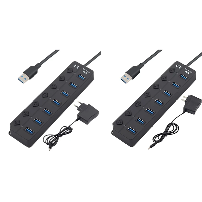 

7 Port USB Hub 3.0 High Speed 5GBPS Multi USB Splitter On/Off Switch with Power Adapter for PC