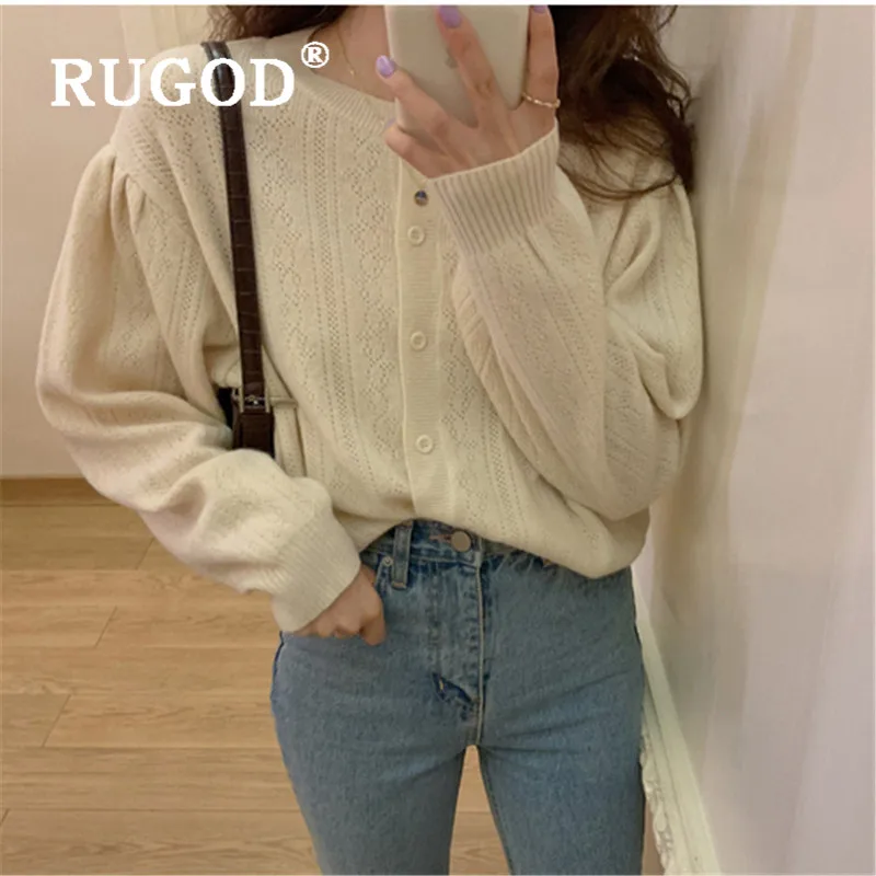 RUGOD Korean New Style Chic Vintage Puff Sleeve Solid Color Cardigan O-neck Single-breasted Hollow-out Sweater Fashion |