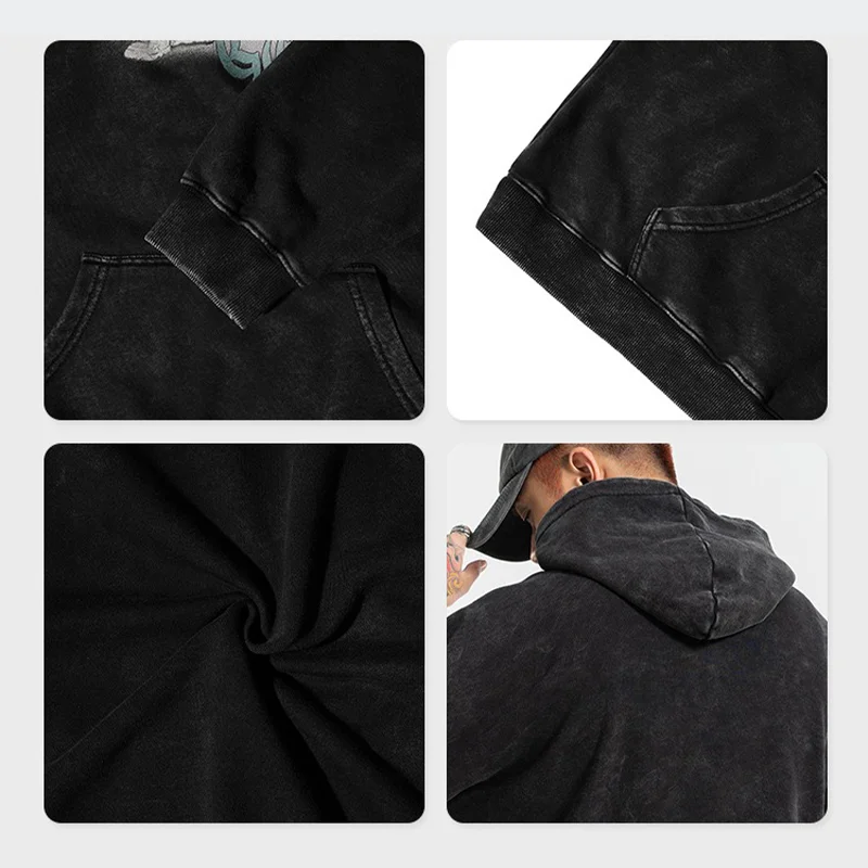 

2021 Men's Hoodie Hip Hop Streetwear Harajuku Cotton Sweatshirt Cartoon Print Retro Pullover Oversized Black Loose Fall Winter