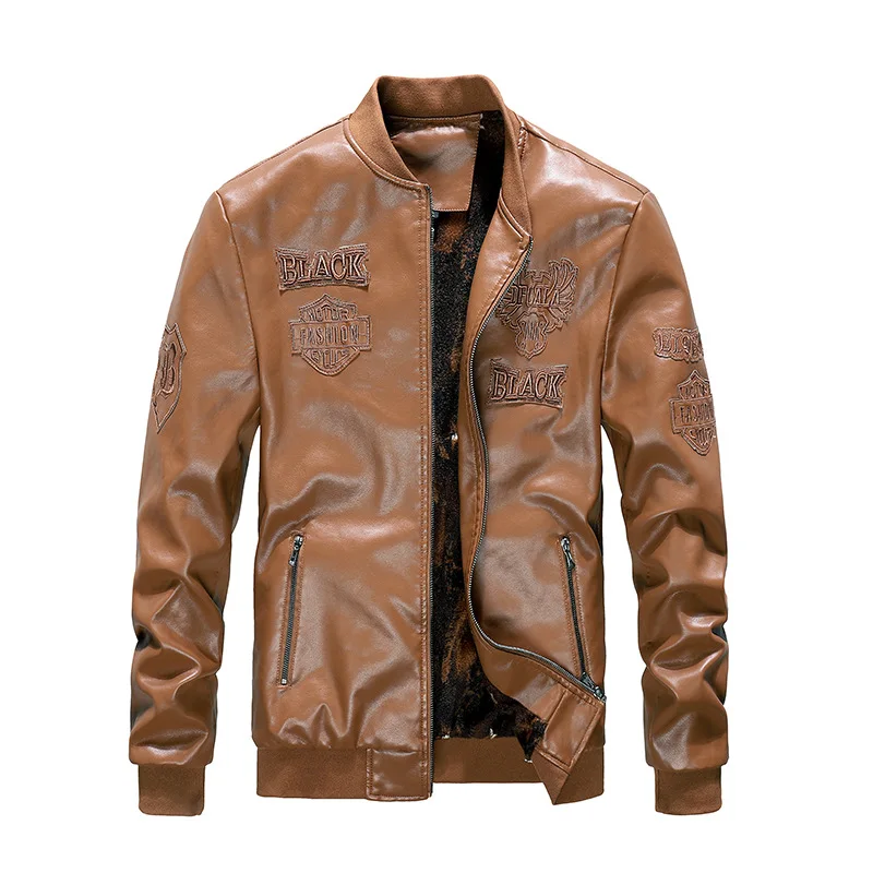 

Fashion Casual Mens Leather Jacket Plus Size Plus Velvet Leather Trendy Embroidered Mens Jacket