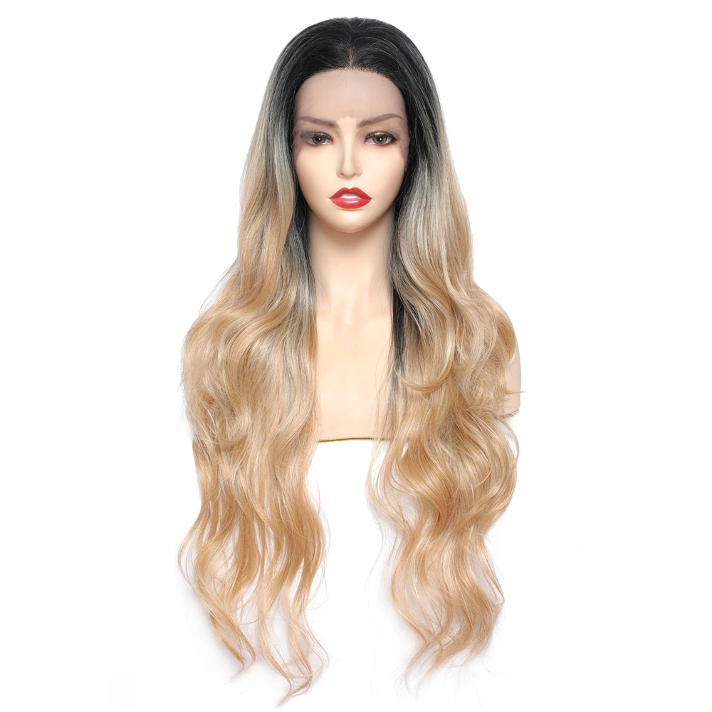 

Long Wavy Synthetic Lace frontal wigs with red Highlights Mauve Blonde Hair 28 Inches Soku Free part Lace Wig Party Cosplay