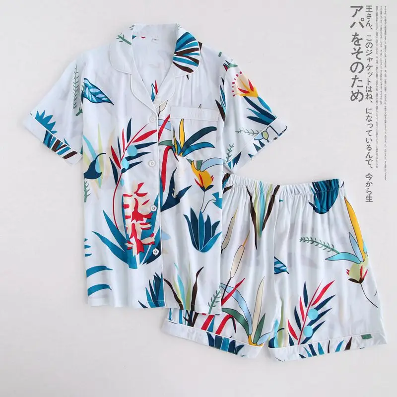 

New Short-Sleeved Shorts Pajamas Summer Turn-down Collar Viscose Printing Sleepwear Shorts Pijama Mujer Home Clothes 2 Piece Set