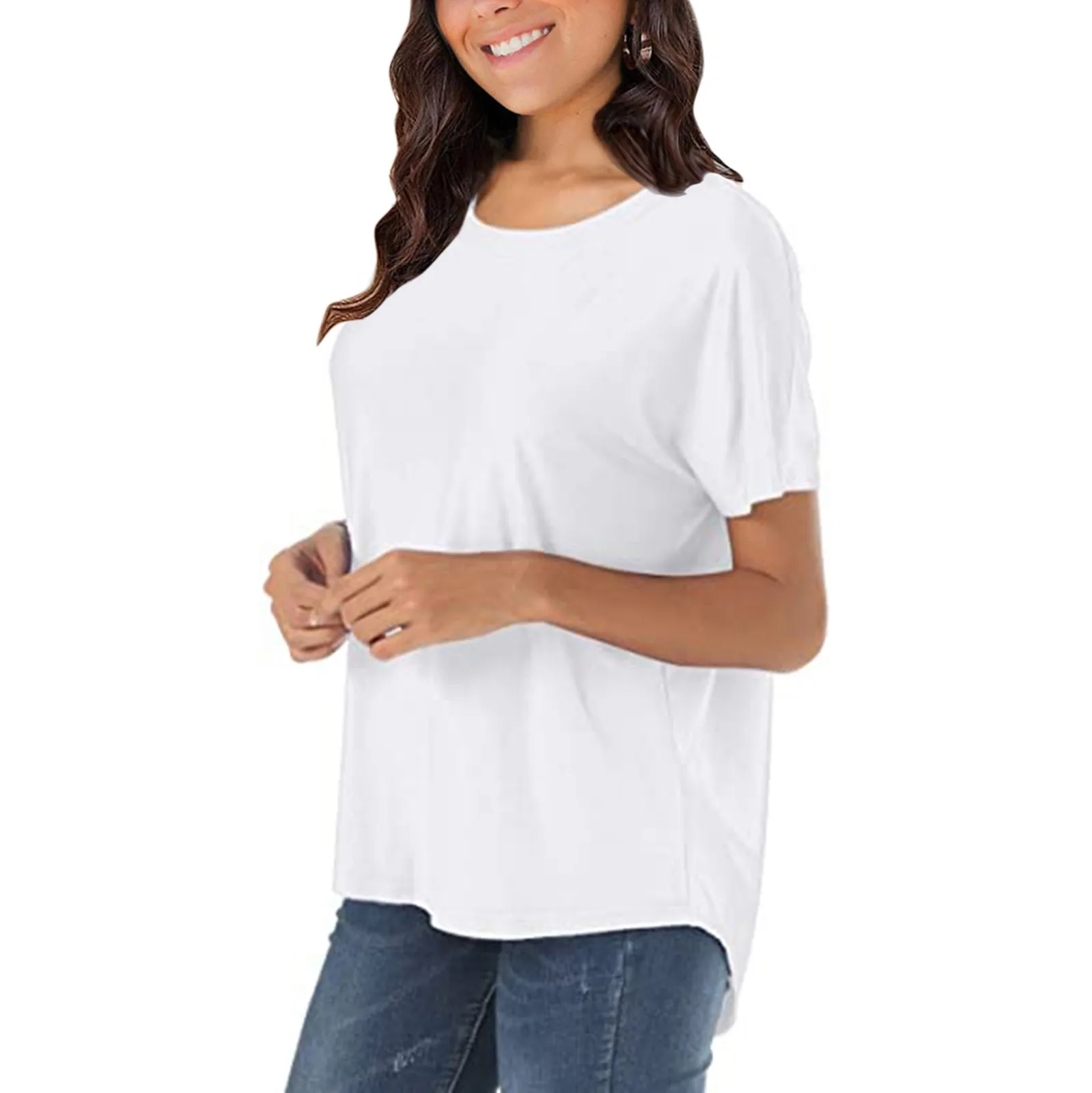 

Summer Green Tee Tops Female Casual Loose Plus Size Short Sleeve Blouse Solid Color Tunics