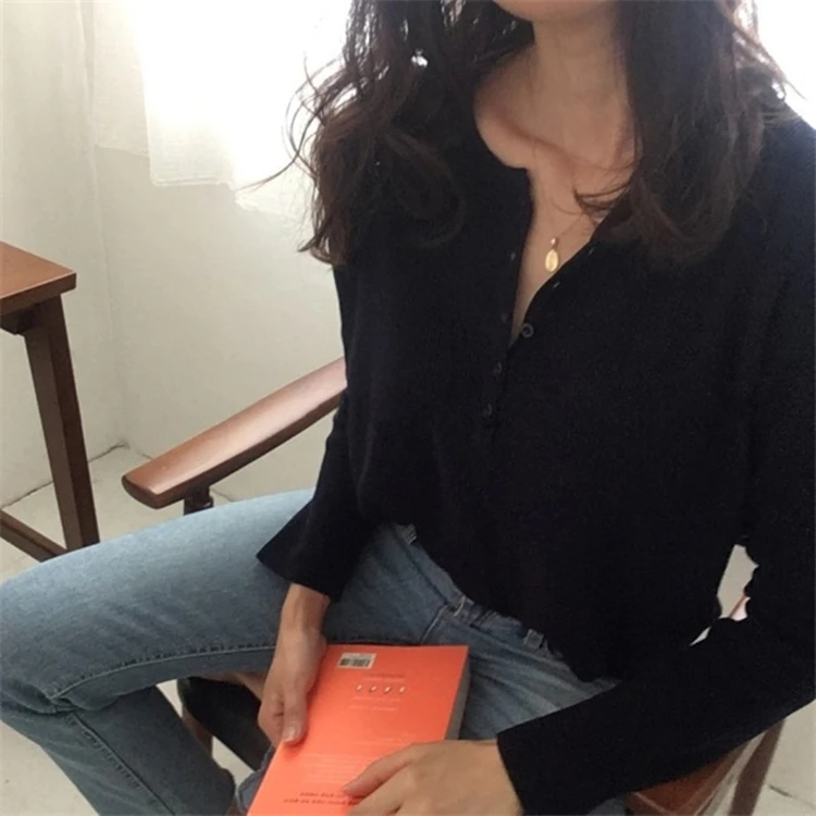 

New 2020 Autumn Winter Women's Sweaters Pullover Knitted Split Buttons Minimalist Solid Elegant Ladies Jumpers V781