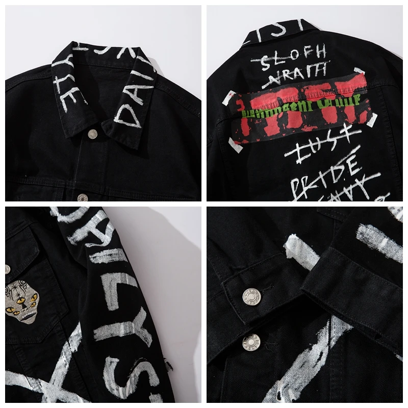 

Black Graffiti Denim Jacket Men with Patchs Letters Printed Jackets and Coats Autumn and Winter Distressed Jeans Jackets 2019