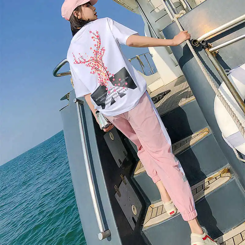 

2021 Summer Korean Fashion All-match Casual Sports Suit Female Running Short-sleeved T-shirt + Trousers Two Piece Sets Y193