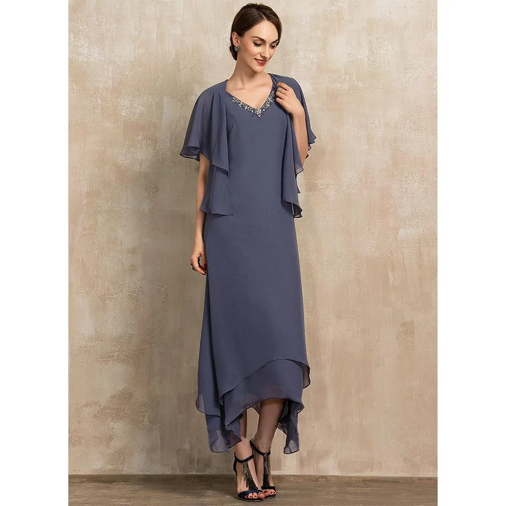 

Chiffon Grey Mother of the Bride Dress With Shawl Beads Ruffled Irregular Sleeves Ankle Wedding Party Evening Prom Gowns A-Line
