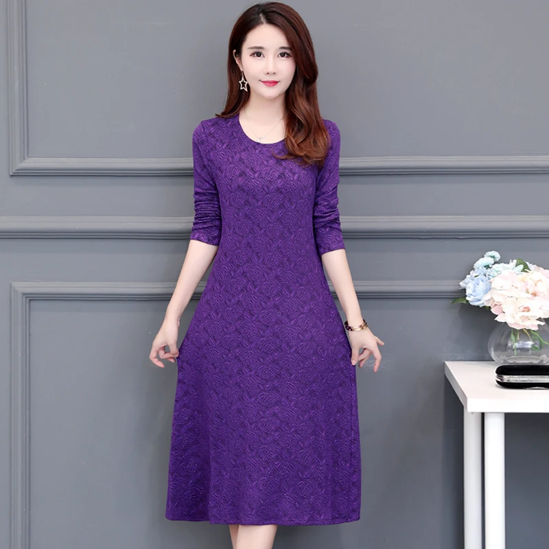 

Spring and Autumn Loose Dress women Long Sleeve O-Neck Dress vintage Large size 5XL Knee-Length Dress women