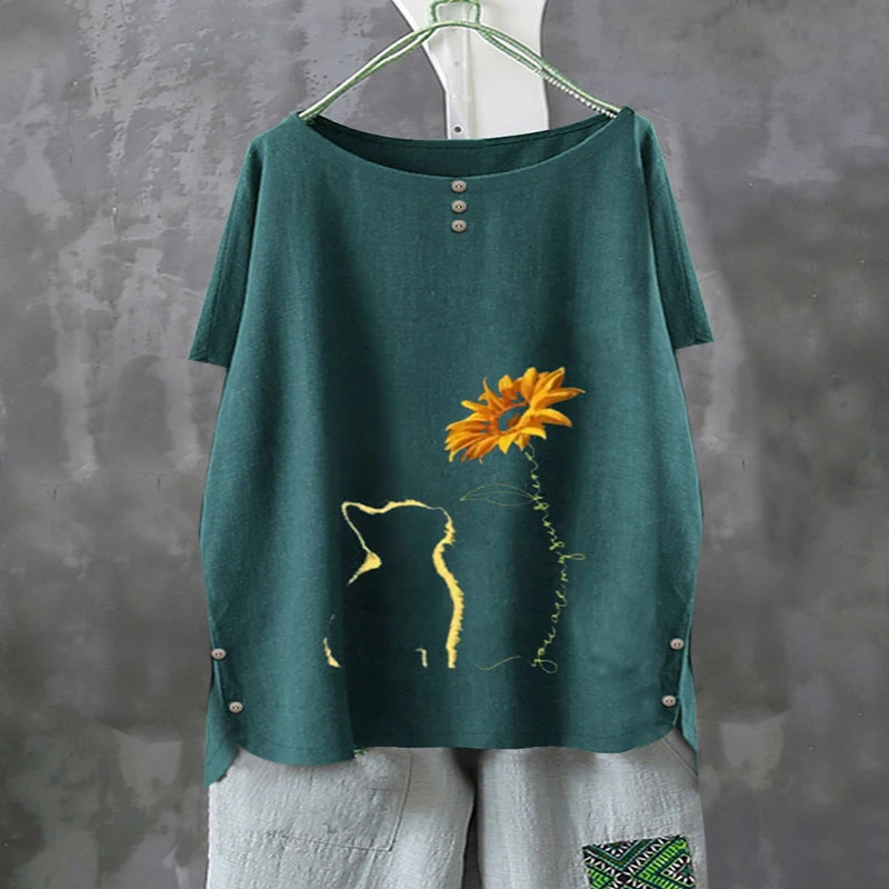 M-5XL de algodón de manga corta para mujer, blusa holgada informal de talla grande con cuello redondo, talla grande