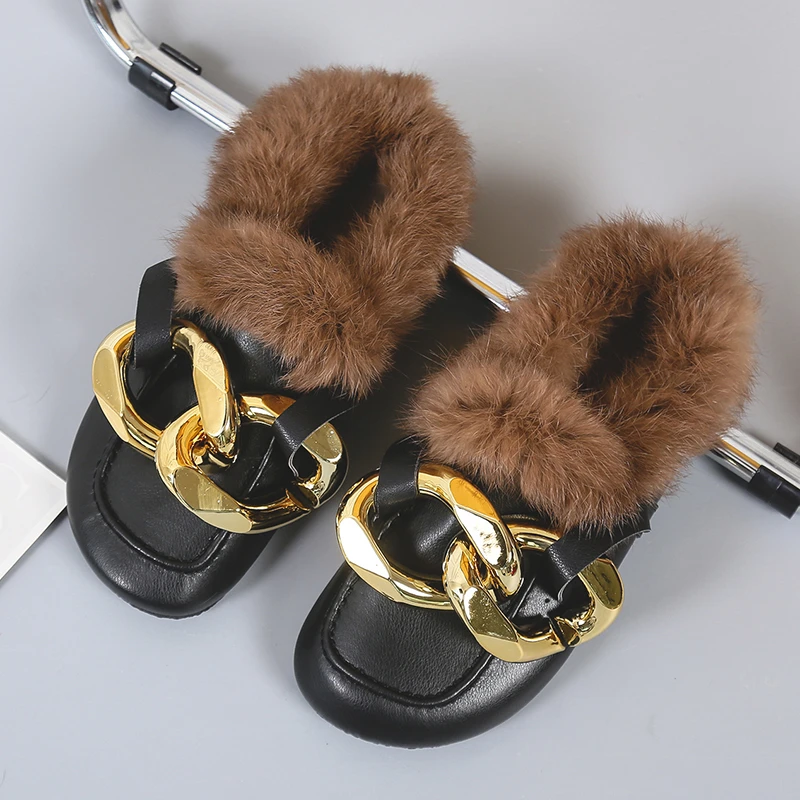 

LazySeal Winter Real Fur Metal Chain Mules Women Shoes Loafers Round Toe Casual Shoes Women Furry Slides Fluffy Hairy Flip Flops