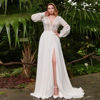 elegant plus size chiffon slit a line wedding dresses fashion custom made v neck lace long sleeve wedding gowns