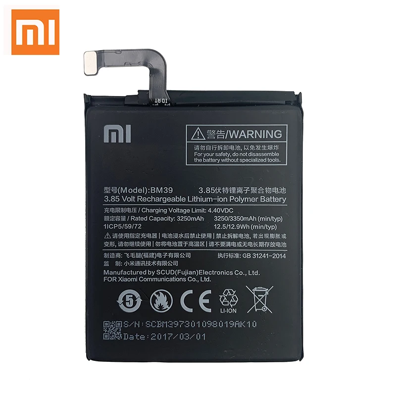 100% Оригинальная батарея Xiao mi BM39 3350mAh для Xiaomi 6 Mi6 M6 высококачественные сменные