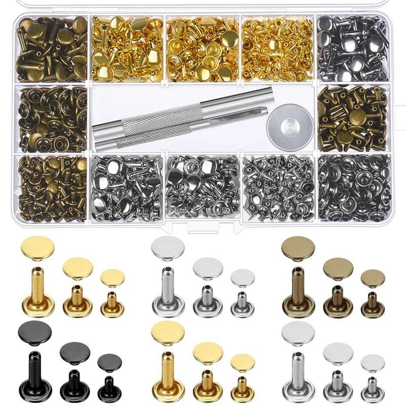 

Hot 480 Sets 3 Sizes Leather Rivets Double Cap Rivet with 3 Pieces Setting Tool Kit for Leather Craft Repairs Decoration