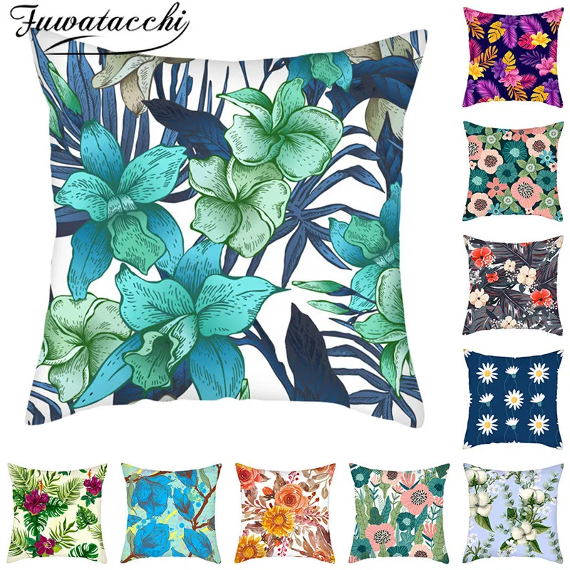 

Fuwatacchi Blooming Flowers Cushion Cover Plant Painted Pillow Cover for Home Car Sofa Chair Decoration White Pillowcases 45x45
