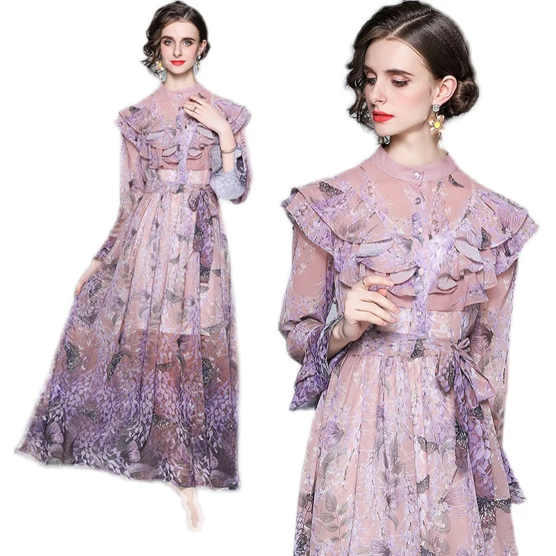 

Will spot the new 2021 long vacation lavender dress printed chiffon dress white condole belt
