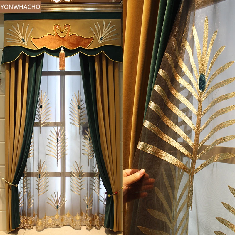 

Custom curtains high quality simple French romantic living room thick velvet cloth blackout curtain valance tulle panel B547
