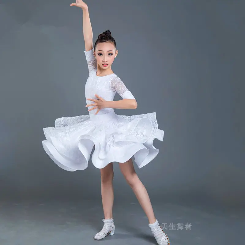 Children Latin Dance Dress Ballroom Baby Girl Tutu Lace Black White Design Stage Clothing Salsa Samba Costume 130-160CM | Тематическая