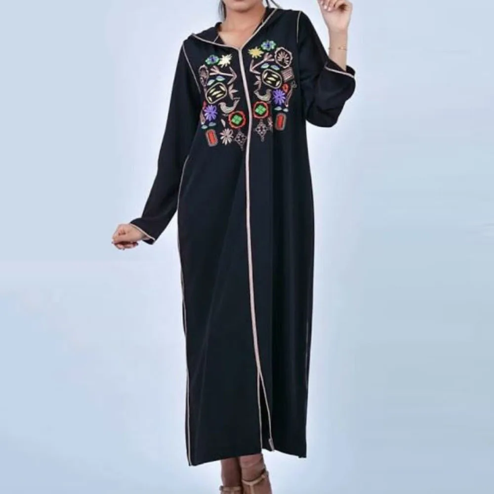 

Muslim 2021 Women Dress Solid Color Fashion Temperament Embroidery Hooded Split Fork Long Sleeve Loose Casual Western Style