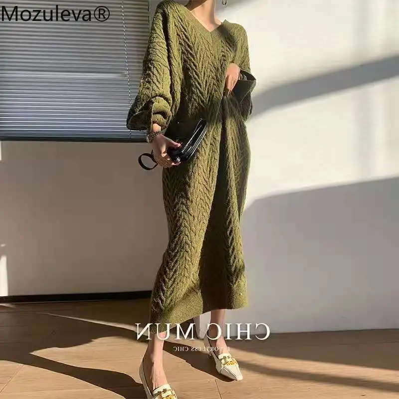 

Mozuleva Stylish V-neck Thick Loose Knitted Dress 2022 Autumn Winter Women Full Sleeve high Waist Female Sweater Vestidos