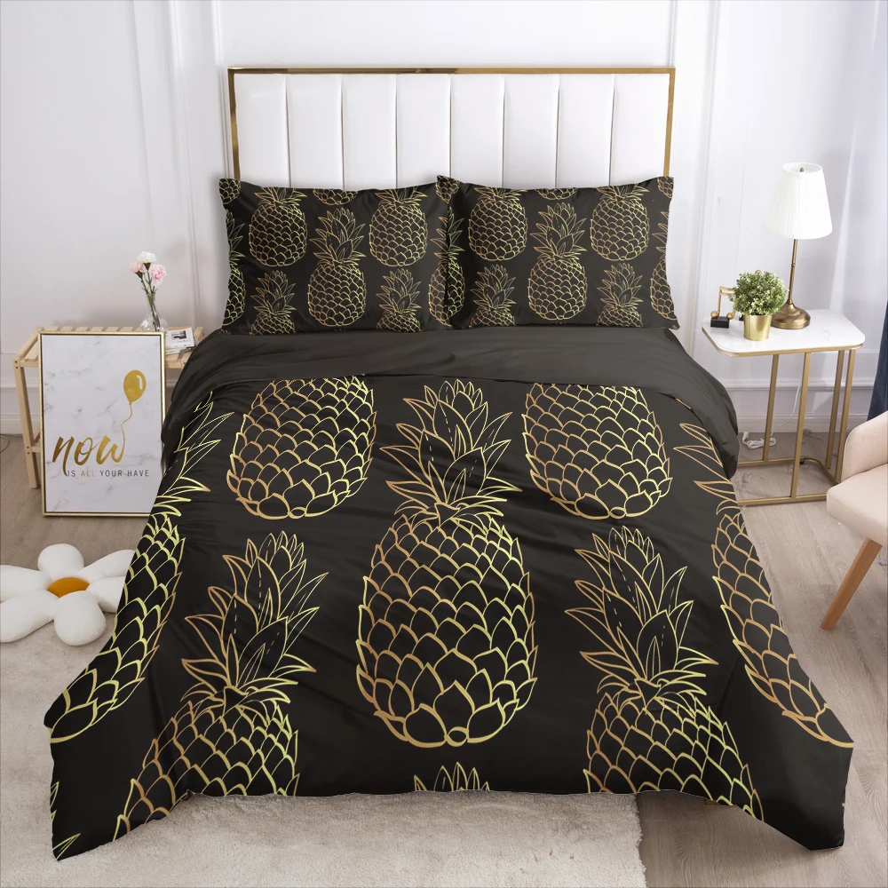 

Custom Bedding Set 3D HD Black Golden pineapple Double Full Queen King Size Blanket Duvet Cover Pillowcases Bedclothes