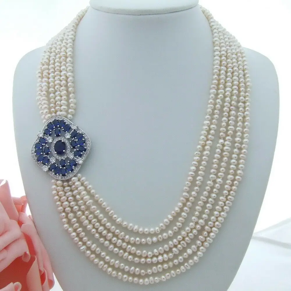 Ручной работы натуральный 6 прядей белый жемчуг ожерелье микро-инкрустация