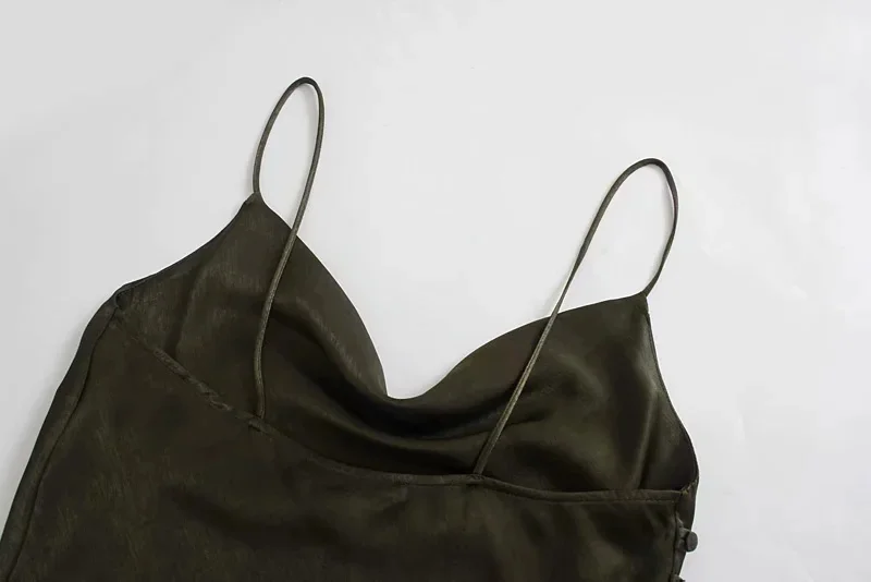 

Qeils Women Chic Fashion Side Covered Buttons Slit Hem Midi Dress Casual Vintage Backless Thin Straps Female Dresses Vestidos