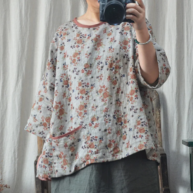 

Johnature Women Vintage Cotton Linen T-Shirts Pockets Loose 2021 New Autumn O-Neck Seven Sleeve Plus Size Women Clothes T-Shirts