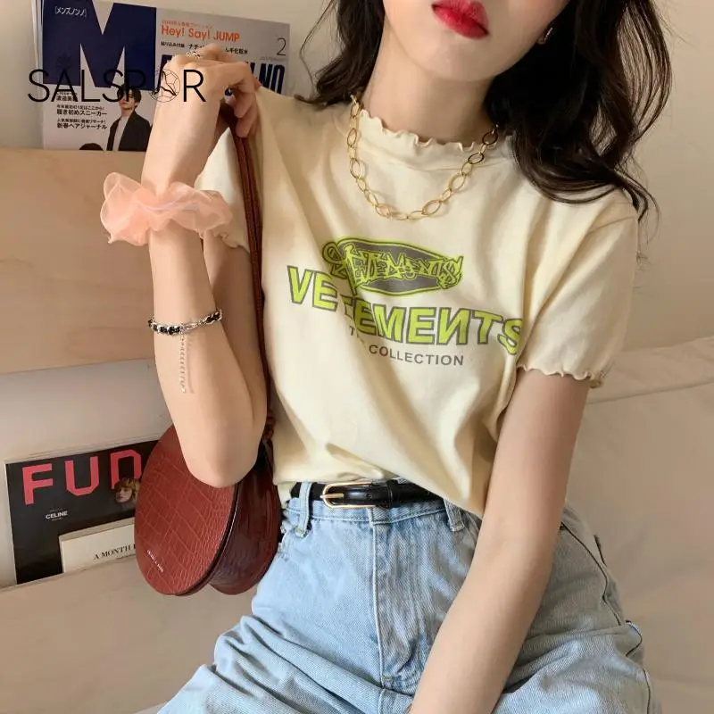 

SALSPOR Round Neck Printed Short-Sleeved Top Women's Letter T-Shirt Women's Short Over-Edge Design Crop Top Sexy Bottoming Shirt