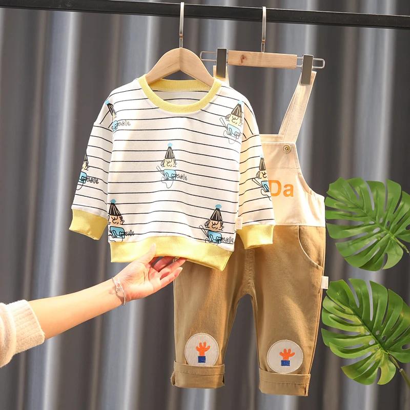 

Baby Boys/Girls Clothing Suits 2021 Spring Toddler Infant Clothes Fashion Birthday Costume Kids Stripe Shirt+Overalls Pants 2pc