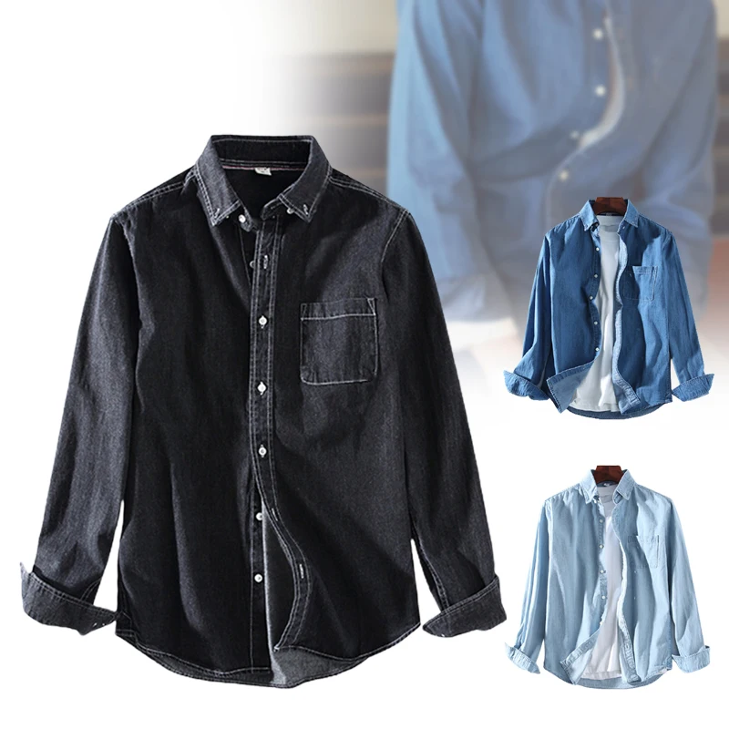 

Newly Men's Casual Long-Sleeve Shirt with Chest Pocket Cotton Breathable Denim Shirt for Spring and Autumn