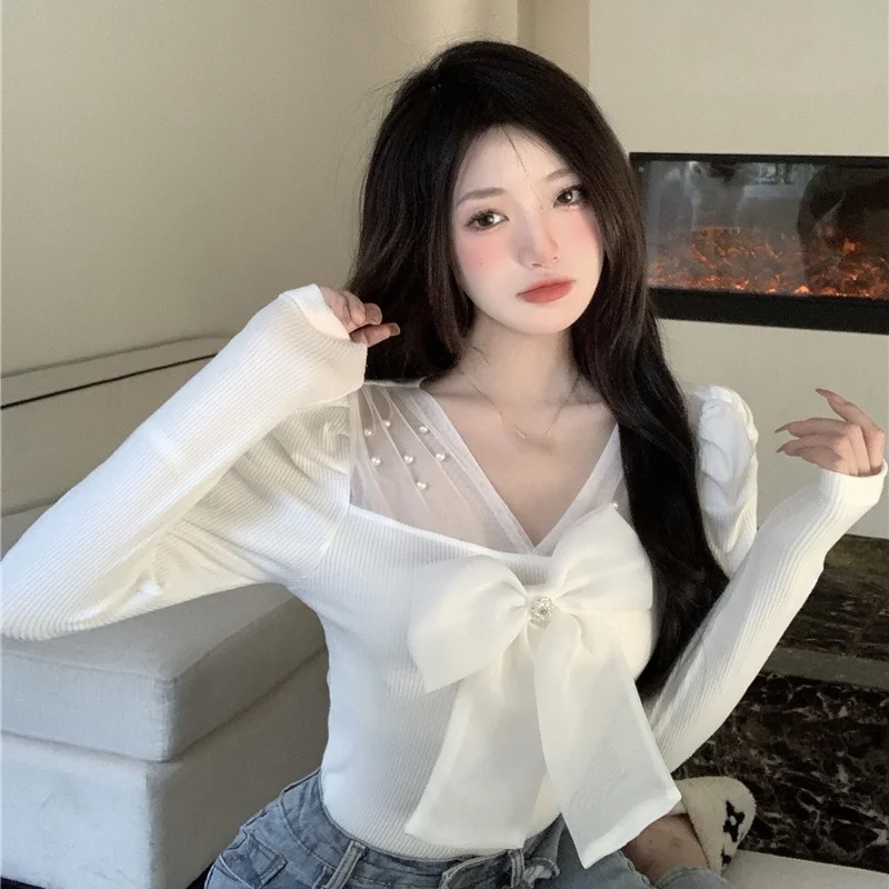 Свитер Ezgaga с бантом и лентой Женский пуловер V-образным вырезом длинным рукавом в