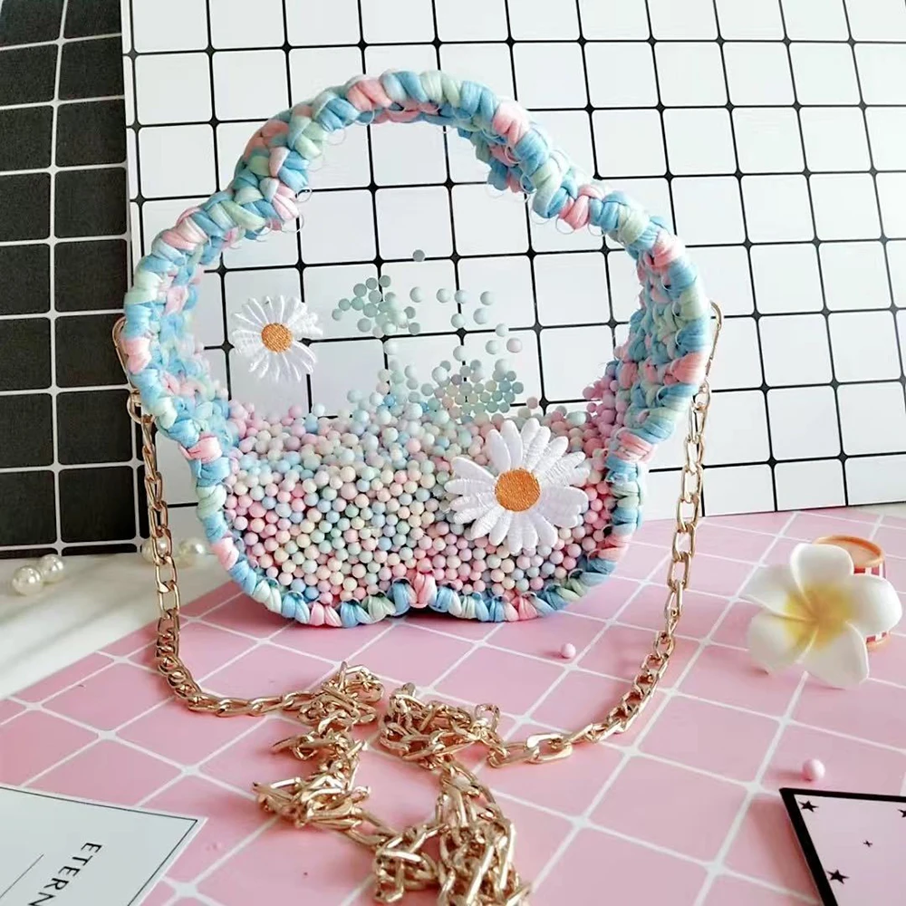 

Плетеные сумки из материала «сделай сам», женская новая модная прозрачная сумка на плечо с цепочками, Сумка с маргариткой и жемчугом, малень...