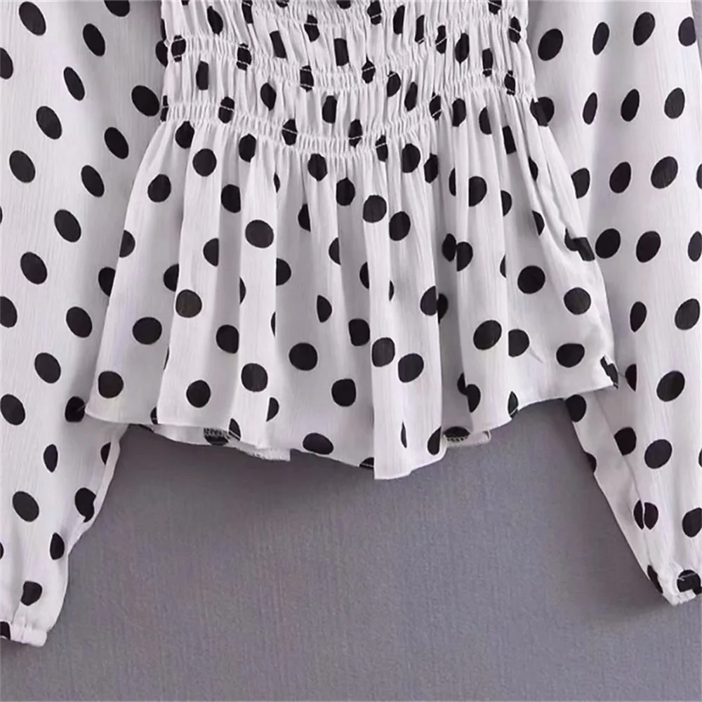 

2020 Spring Women's New Sexy Collar Lantern Sleeve Short Polka Dot Print Off Shoulder Design Long Sleeve Shirt