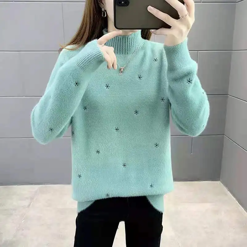 

2021 Autumn Winter Women Imitated Mink Velvet Pullover Female Thick Warm Turtleneck Sweter Lady Casual Loose Knitted Jumper K628