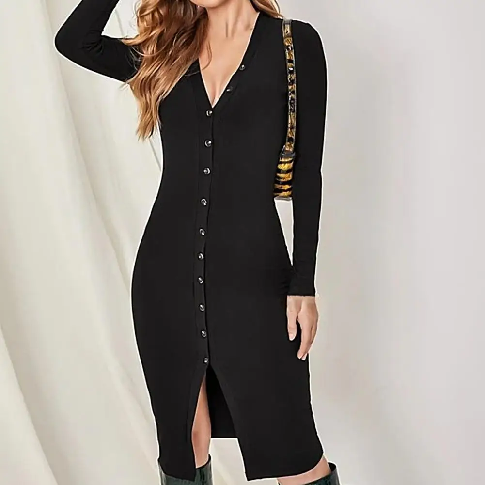 

Long Sleeve Party Dresses Women Button Knitted V-Neck Skinny Autumn Sexy Dresses Women Cotton Split Hem