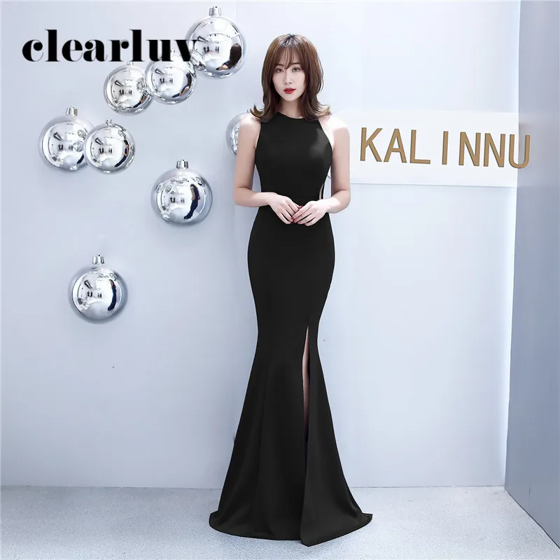 Женское вечернее платье русалка длинное черное с разрезом без рукавов лямкой на