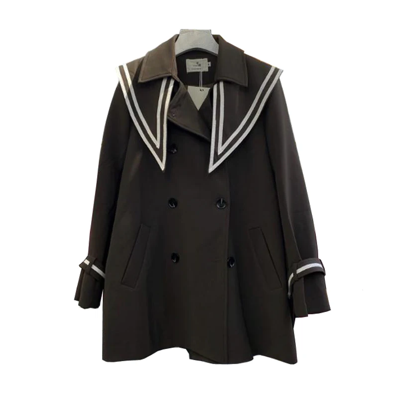 

PERHAPS U Women Black Notch Collar Button Pocket Trench Solid Double-Breasted Sailor Collar Chic Elegant Autumn Spring C0366